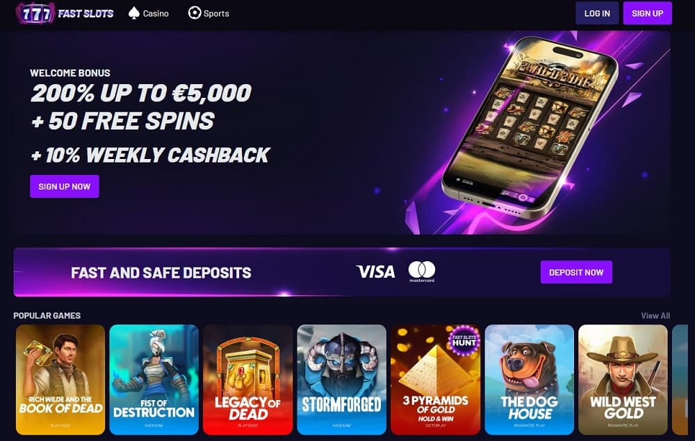 Fast Slots Casino – mobile-optimised site with speedy withdrawals and 4,000+ pokies and sports betting options.